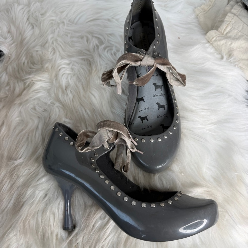 Melissa Doc Dog Grey Studded Jelly Ribbon Tie Stiletto Pumps Heels Womens 7
